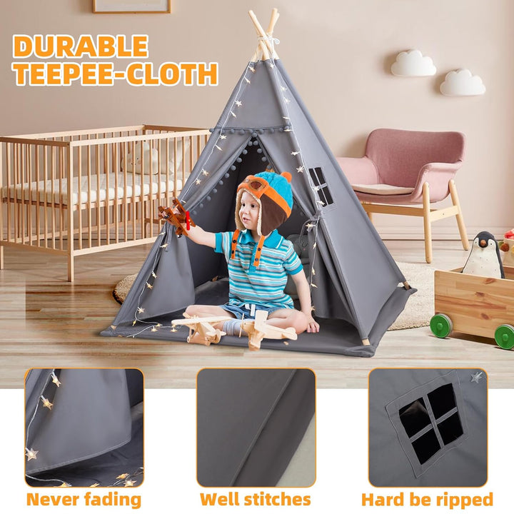 Kids Teepee Tent with Mat & Star Lights