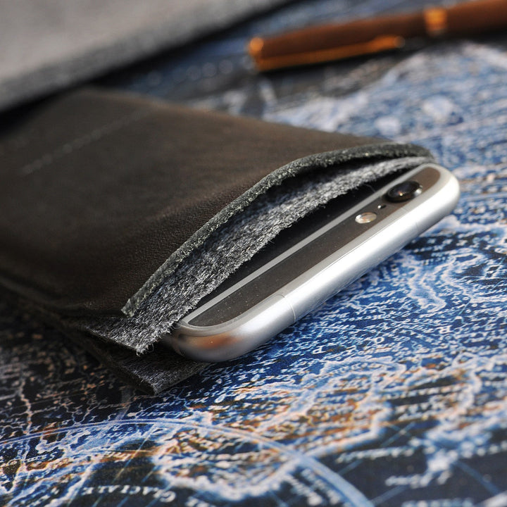 Handcrafted American Horween Leather & Wool Felt iPhone Wrap with Card & Cash Slots