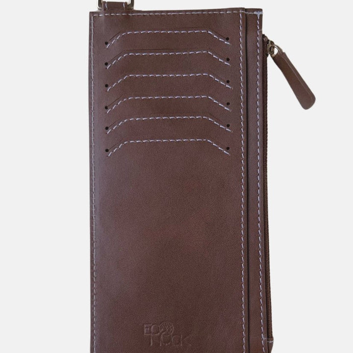 Timeless tan leather wallet with multiple card slots, white stitching, and zipper pocket