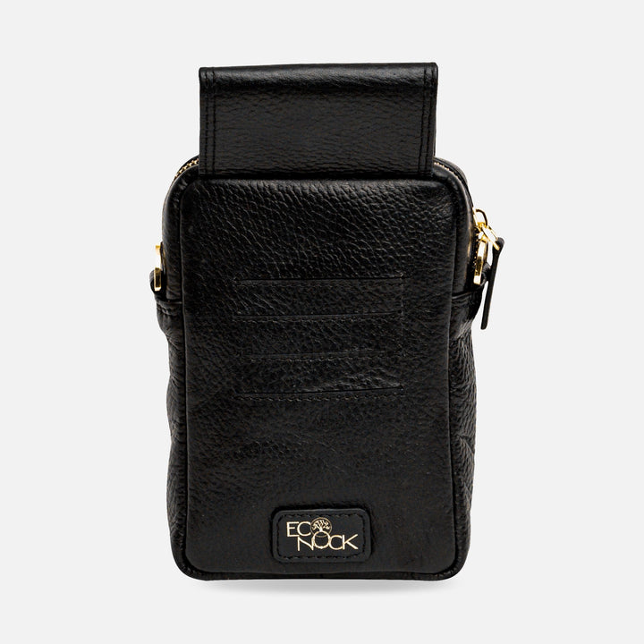 Black textured leather compact crossbody bag with gold zipper and EcoNook logo