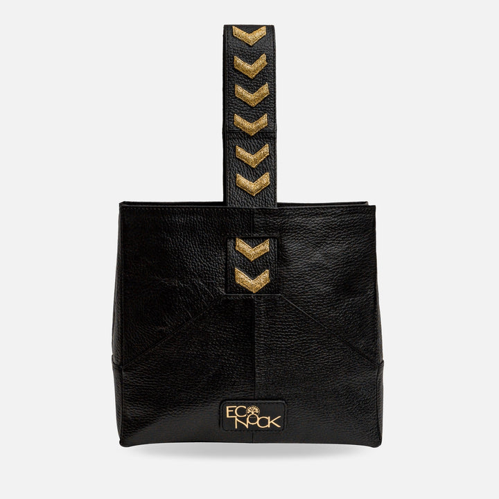 Black leather tote bag with gold chevron accents and ECO NOOK logo on front
