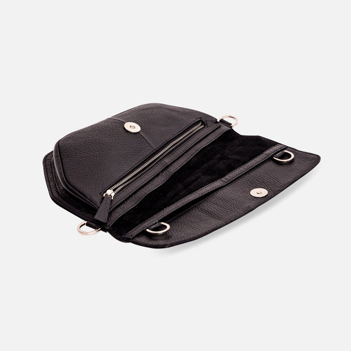Open black leather clutch bag with zipper pocket and magnetic snap closure on white background