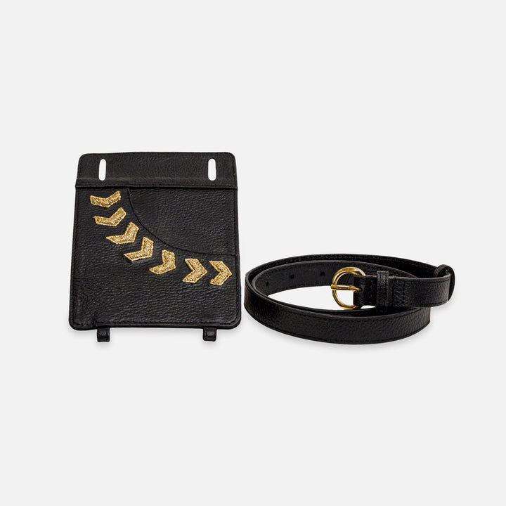 Black leather cardholder and matching belt with gold buckle and gold arrow embellishments