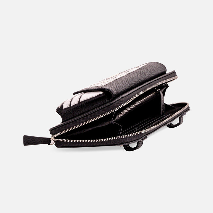 Black leather wallet with silver zipper and white patterned flap on white background