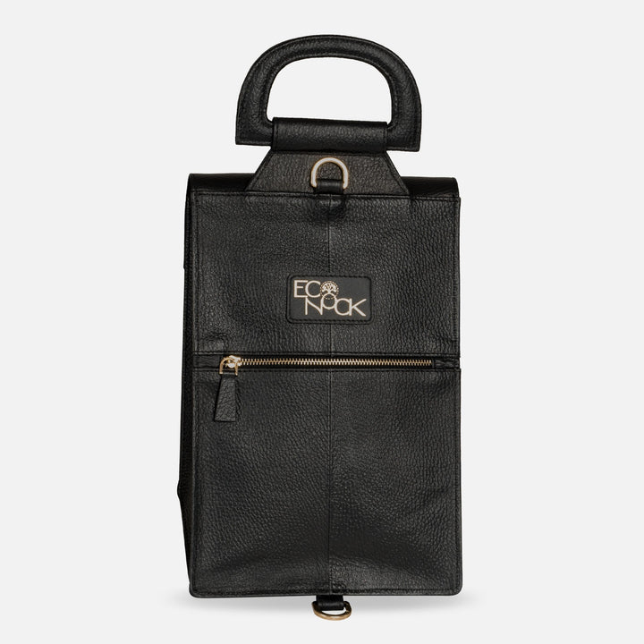 Black leather tote bag with gold zipper and ECO KNOCK logo on front