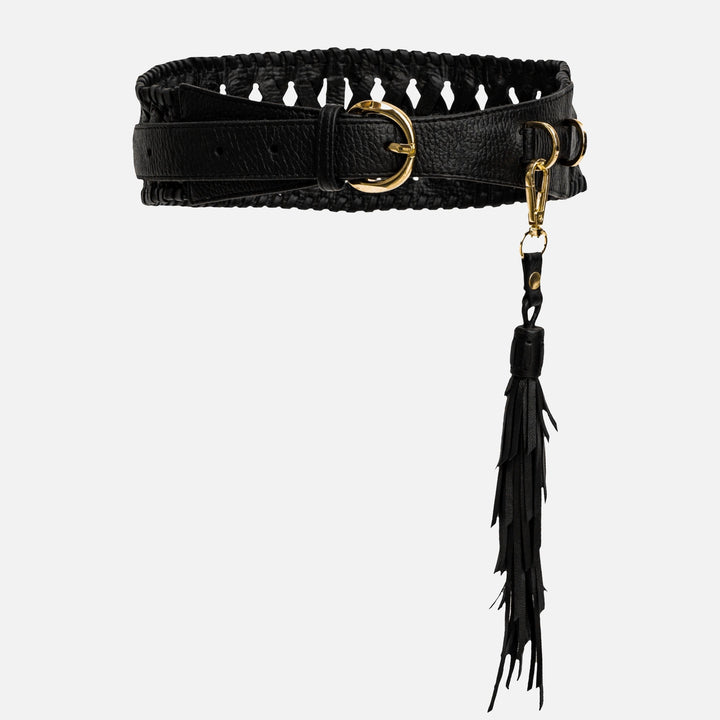 Black leather belt with braided edges, gold buckle, and long tassel accessory on plain background