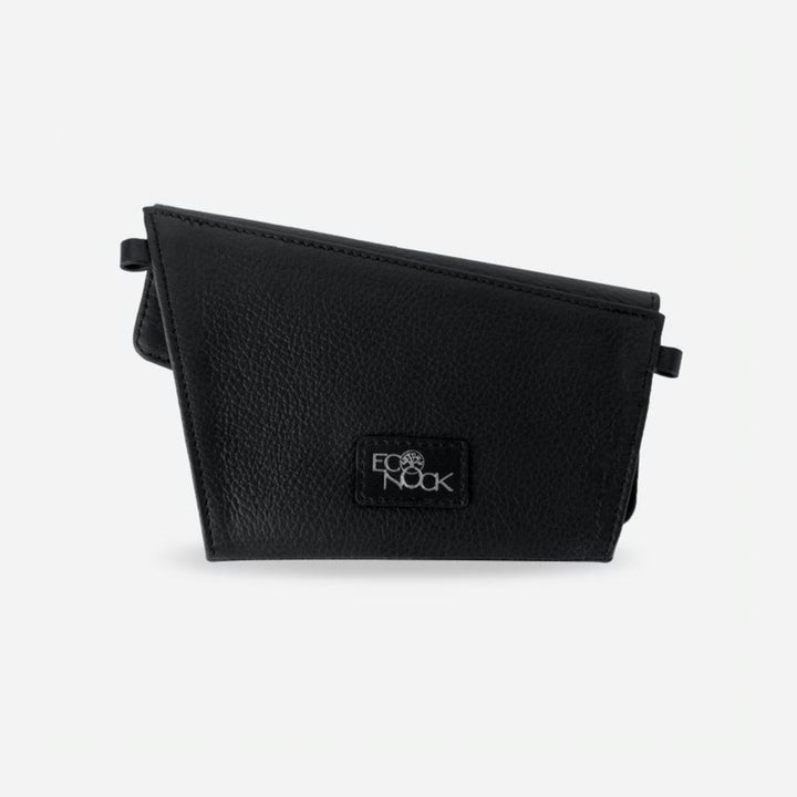 Black textured trifold leather wallet with EcoNook logo patch on front