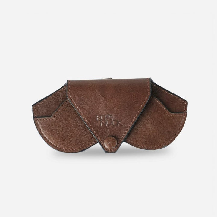 Brown leather FOOK NOOK pouch with flap and snap button closure against white background