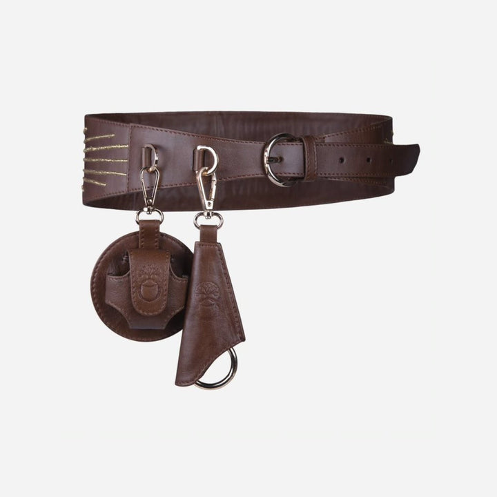 Timeless tan brown leather waistbelt with golden embroidery and attached leather pouches handcrafted in India