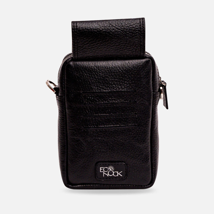 Black leather compact pouch with zipper and EcoNock logo on front against white background