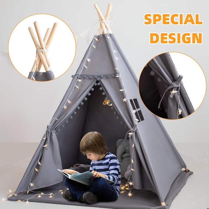 Kids Teepee Tent with Mat & Star Lights