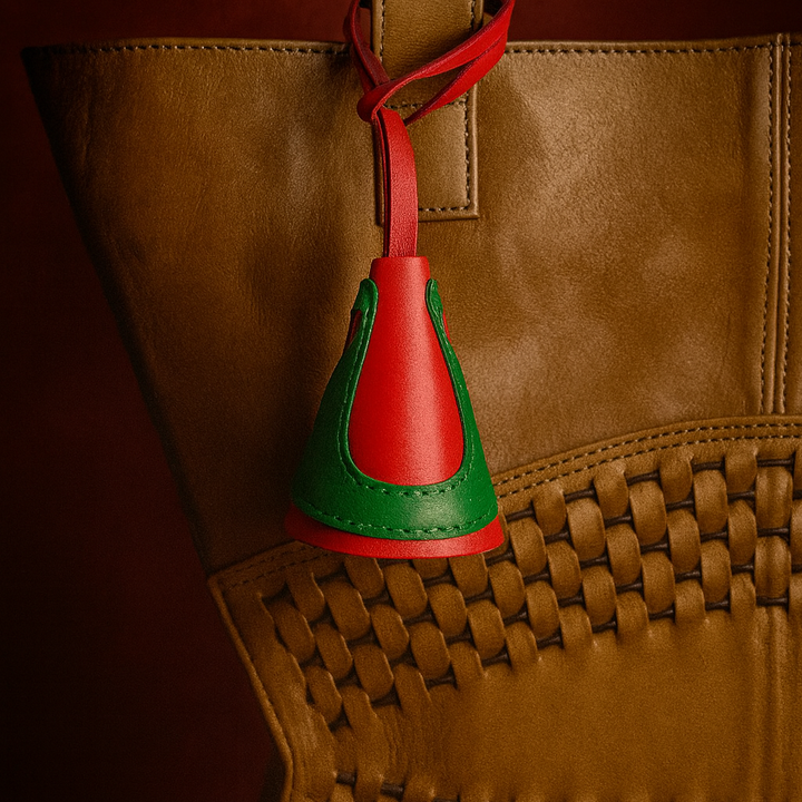 Brown leather bag with woven detail and red and green leather bell-shaped charm
