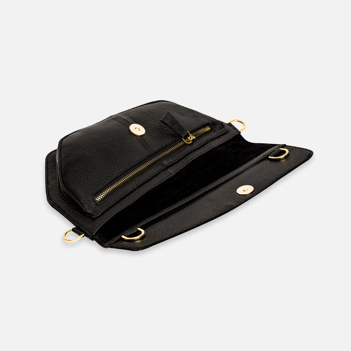 Open black leather wallet with gold zipper and snap buttons on white background