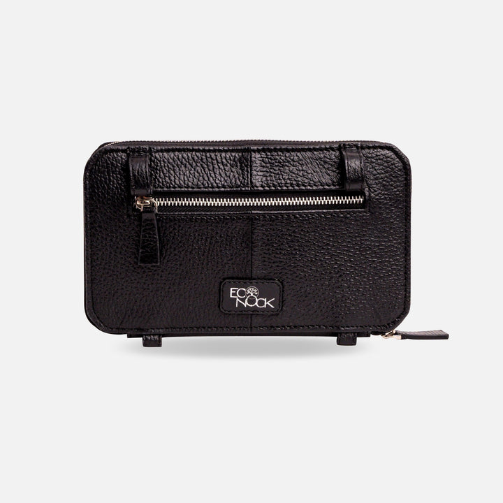 Black textured Ecocnock leather wallet with front zipper pocket and logo patch
