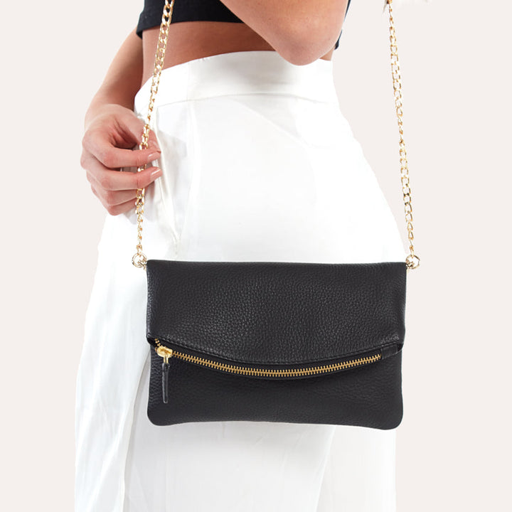 Flap Clutch Genuine Pebble Leather Chain Shoulder Bag