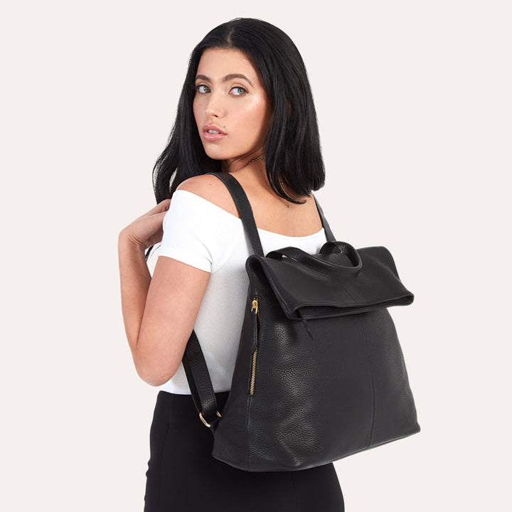 Genuine Pebble Leather Backpack with Adjustable Straps & Multiple Pockets