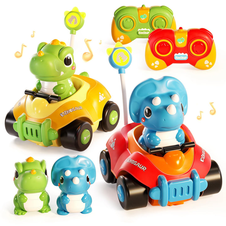 Uregoio 2 Pack Remote Control Cars for Toddlers 1-3 Dinosaur Car for Kids Age 2-4 Babies Toys for 18+Months RC Car with LED Lights & Music Boys and Girls Christmas Birthday Gifts 2 3 4 5 Years Old
