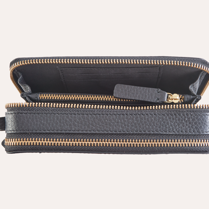 Genuine Pebble Leather Crossbody Bag with Dual Zipper Compartments & Card Slots