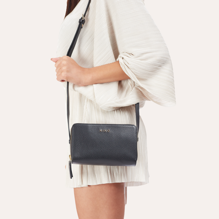 Genuine Pebble Leather Crossbody Bag with Dual Zipper Compartments & Card Slots