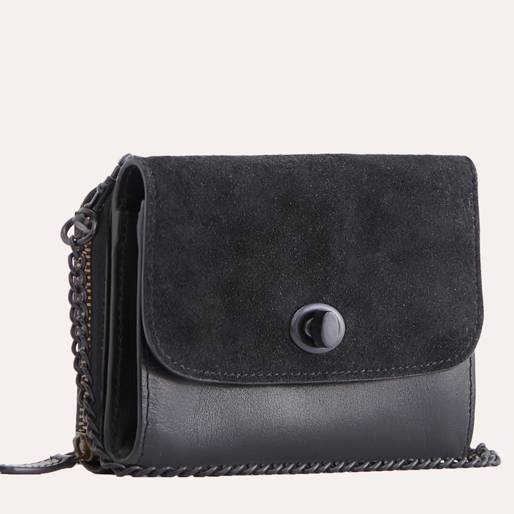 Genuine Leather & Suede Crossbody Bag with Turn Lock Closure