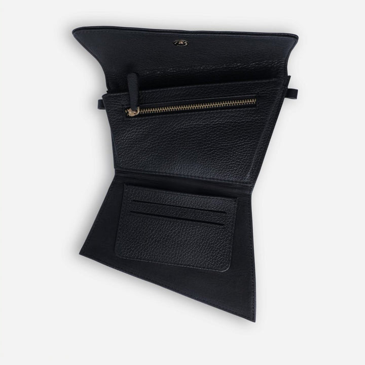 Black leather trifold wallet open showing zipper pocket and card slots on white background