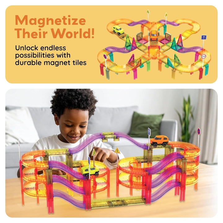 PicassoTiles 60-Piece Magnetic Race Car Track Set