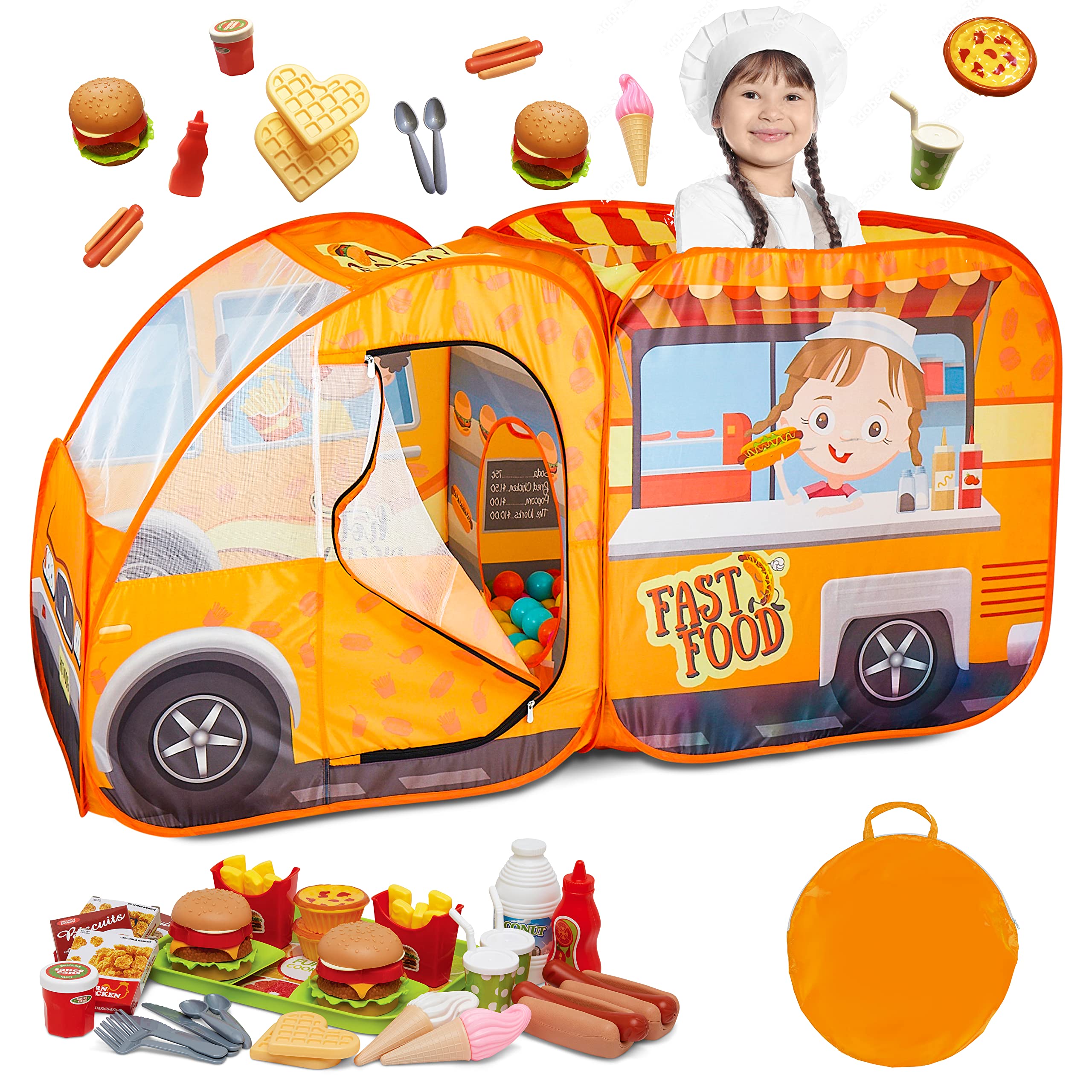 Kids Food Truck Play Tent with 54-Piece Food Set