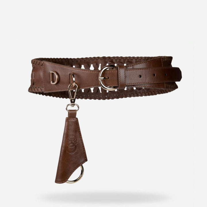 Tan upcycled leather waist belt with stitching details and detachable keychain on white background