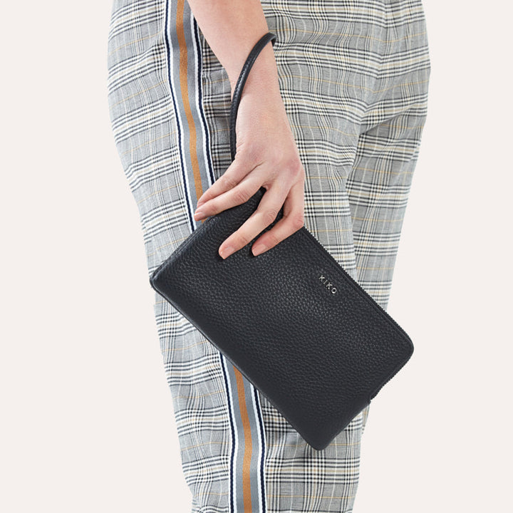 Genuine Pebble Leather Organizer with Double Zipper Compartments & Card Slots