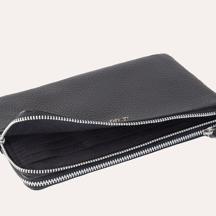Genuine Pebble Leather Organizer with Double Zipper Compartments & Card Slots