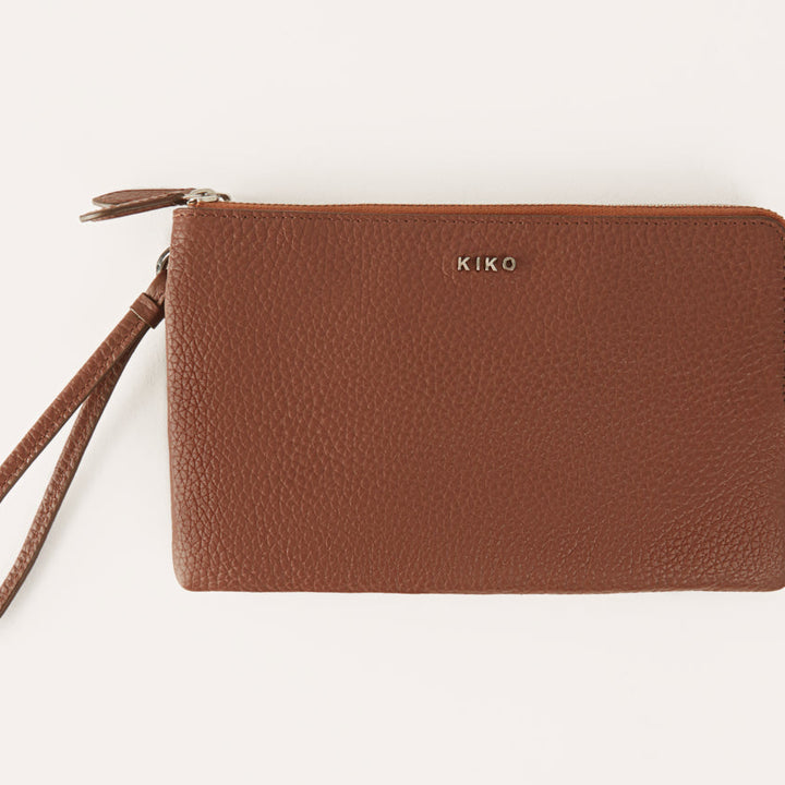 Genuine Pebble Leather Organizer with Double Zipper Compartments & Card Slots