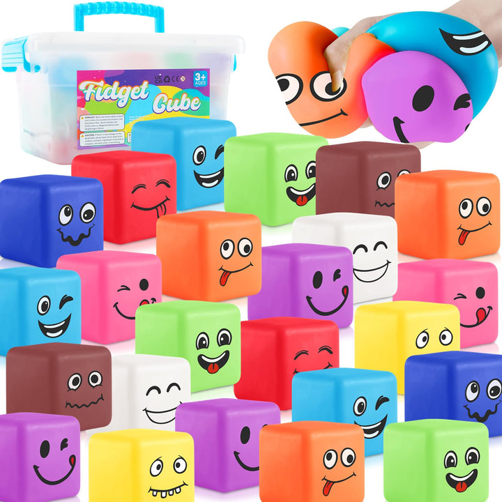 Stress Balls Fidget Toys for Kids: Mini Smile Face Stress Ball 24 Pack Stretchy Toys for Anxiety Stress Relief Square Shape Hand Therapy Sensory Play Pull Stretch Squishy Toy Prize Box Toys