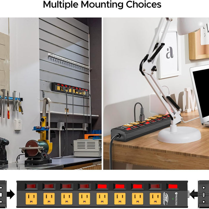 CRST 8-Outlet Wide Metal Surge Protector Power Strip - Individual Switches, 1200J, Wall Mount, 6ft Cord