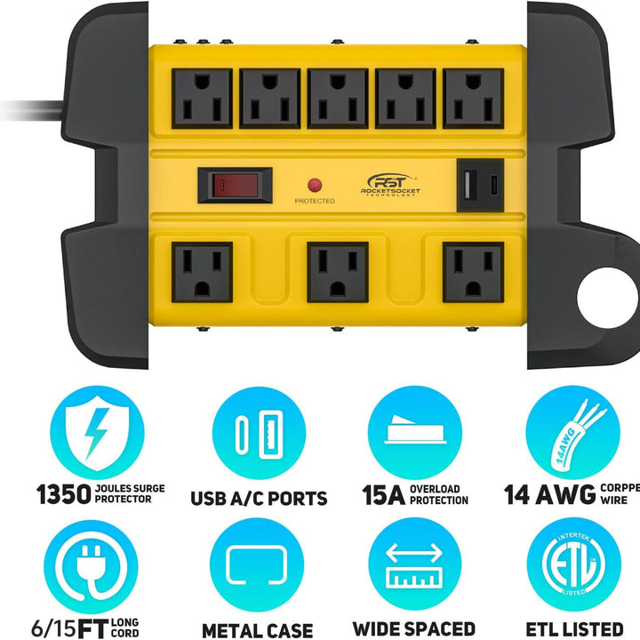 CRST 8-Outlet Heavy Duty Metal Power Strip | USB-C, 1350J Surge, ETL Listed