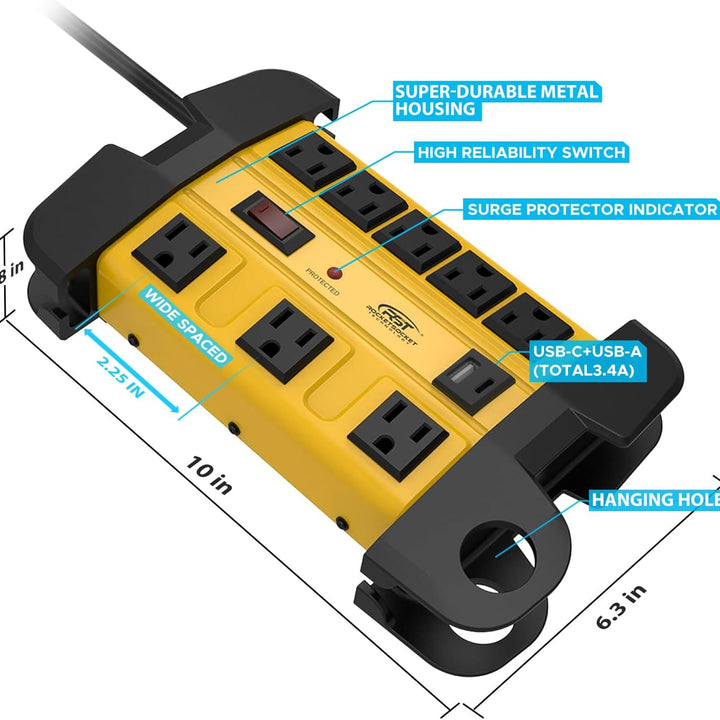 CRST 8-Outlet Heavy Duty Metal Power Strip | USB-C, 1350J Surge, ETL Listed