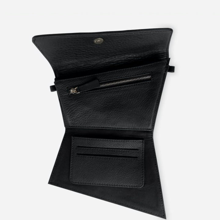 Open black leather trifold wallet with zipper pocket and card slots on white background