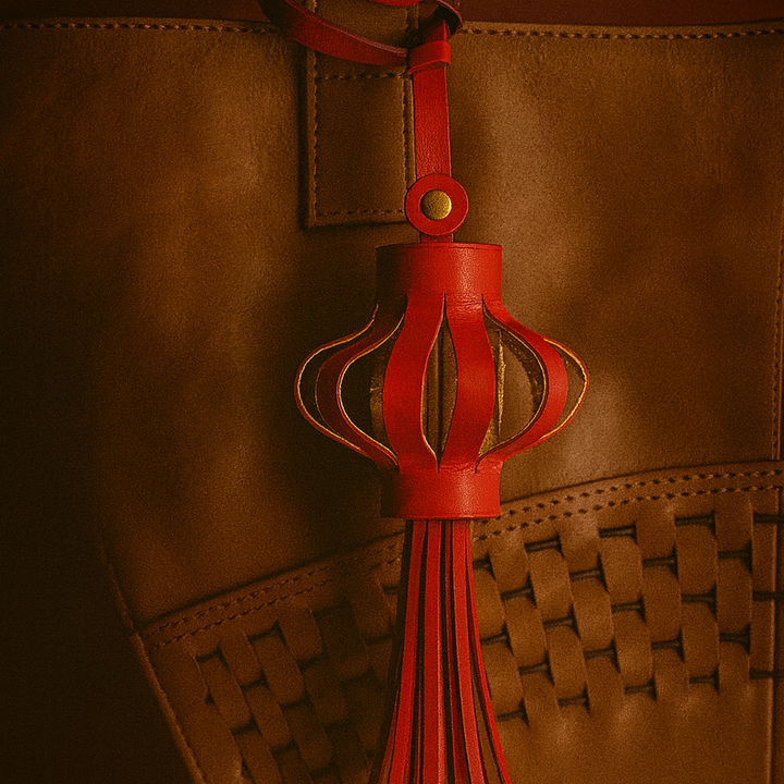 Brown woven leather bag with red leather lantern-shaped tassel accessory