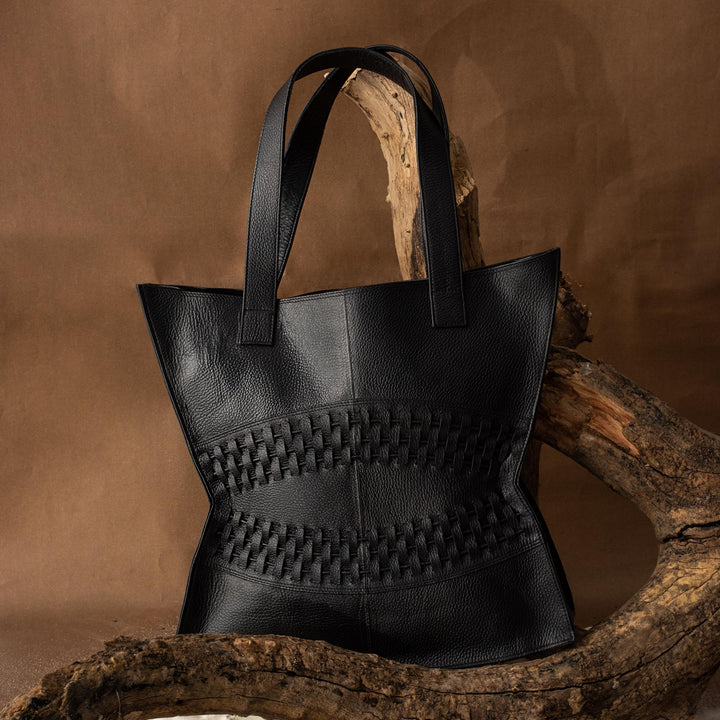 Designer artisanal braider leather Tote bag in Black