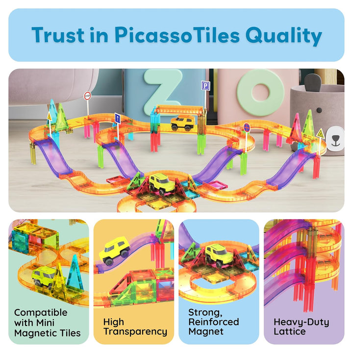 PicassoTiles 60-Piece Magnetic Race Car Track Set
