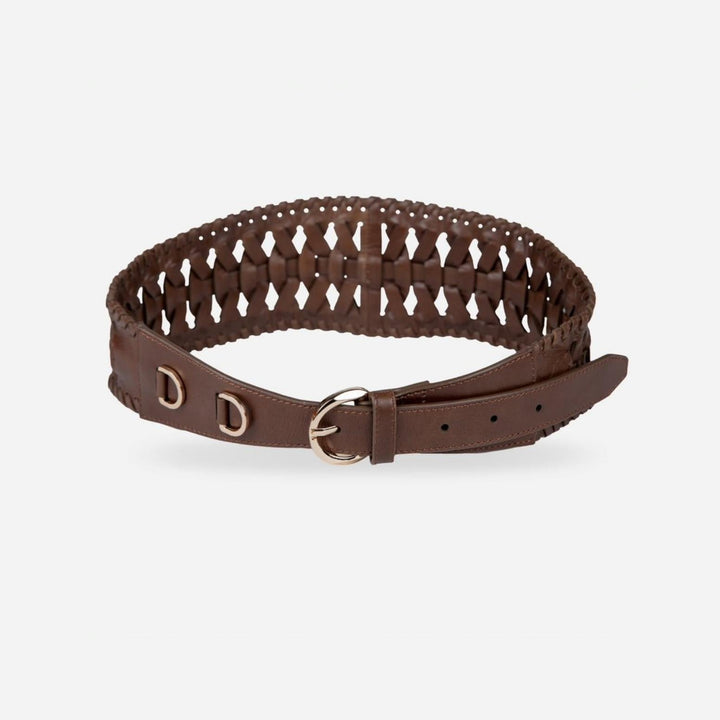 Tan brown handcrafted leather waist belt with woven design and silver buckle on white background