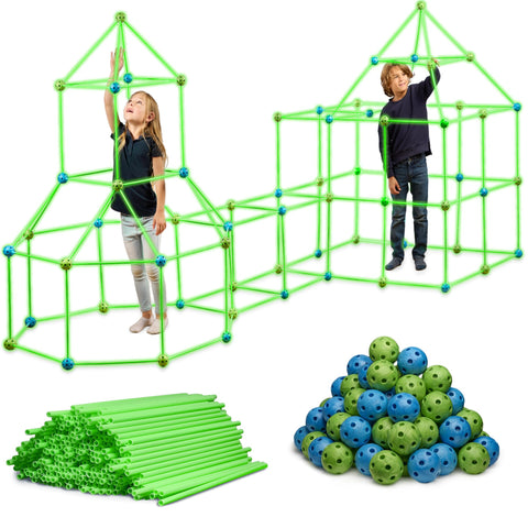 FUNbelievable! 132 Piece Glow in The Dark Fort Building Kit - Indoor Play Engineering Set with Connecting Sticks & Balls - Creative STEM Building Toys for Kids Play Spaces Tents & Hideouts