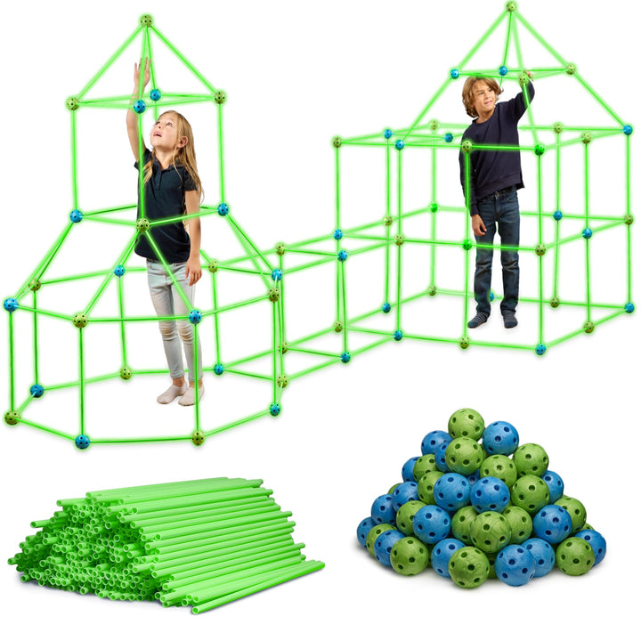 FUNbelievable! 132 Piece Glow in The Dark Fort Building Kit - Indoor Play Engineering Set with Connecting Sticks & Balls - Creative STEM Building Toys for Kids Play Spaces Tents & Hideouts