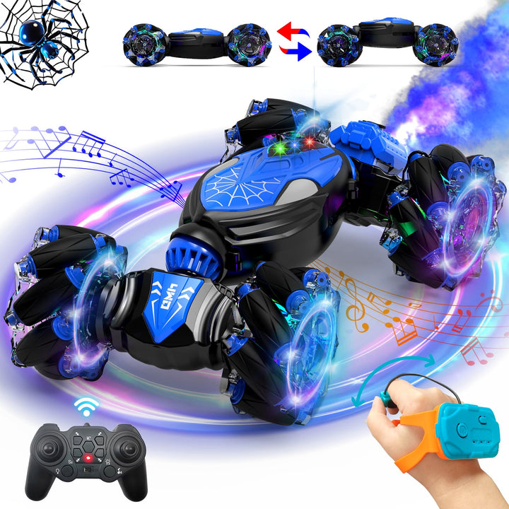 Stunt Remote Control Car Toys: Gesture Sensing 4WD Car 360° Rotating - RC Transformer Toys with Light and Music Spray - All Terrain Car for Kids 6 7 8 9 10 11 12 for Kids Blue