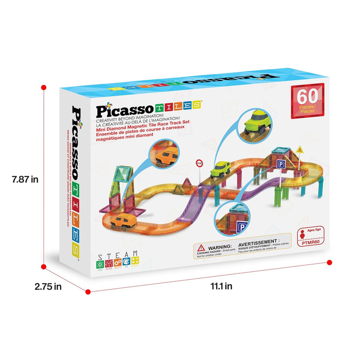 PicassoTiles 60-Piece Magnetic Race Car Track Set