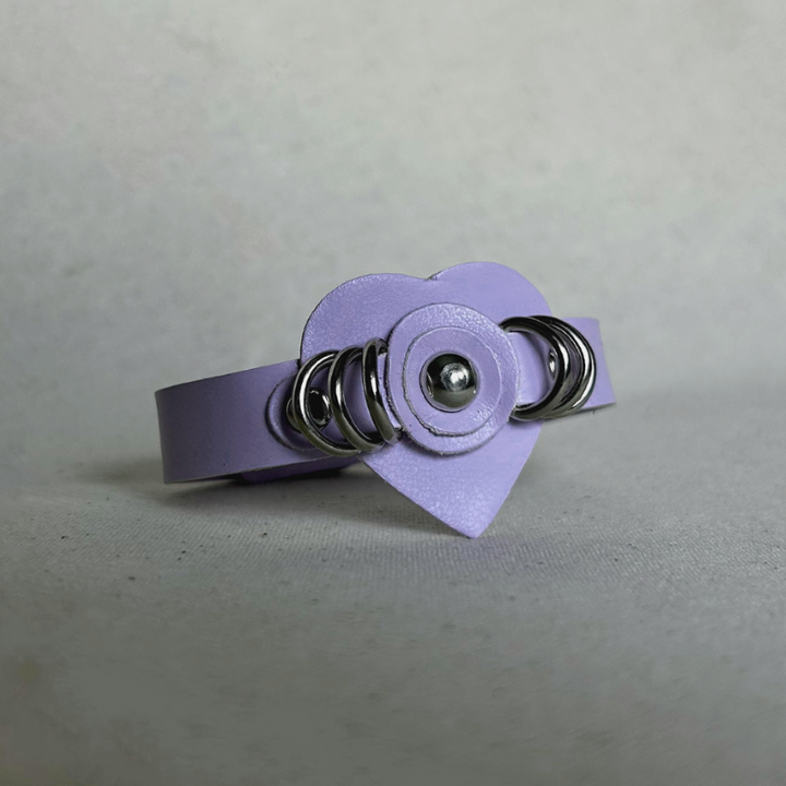 Lilac vegan leather cuff bracelet with heart detail and silver rings, handcrafted women's accessory