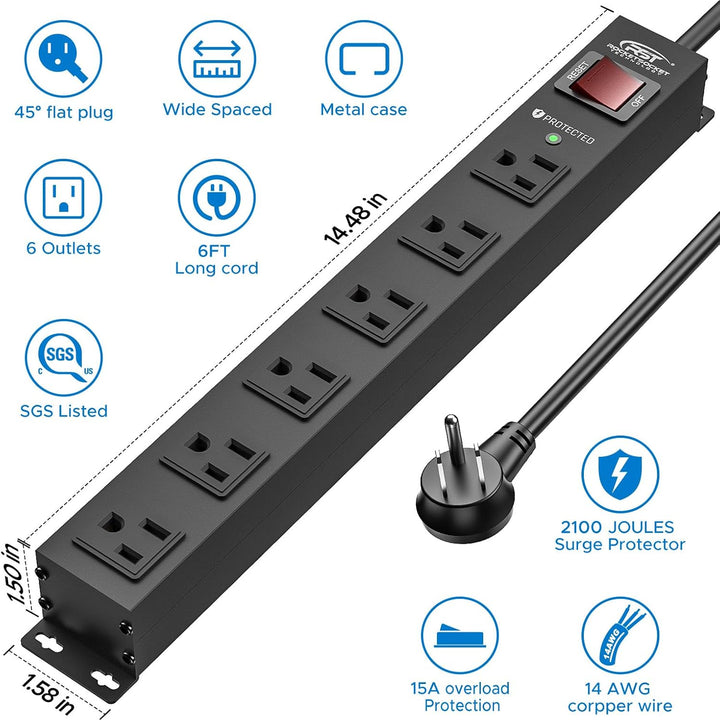 CRST 6 Outlets Wide Spaced Mountable Metal Power Strip Surge Protector, 2100 Joules Protection, Easy Mounting, 6FT