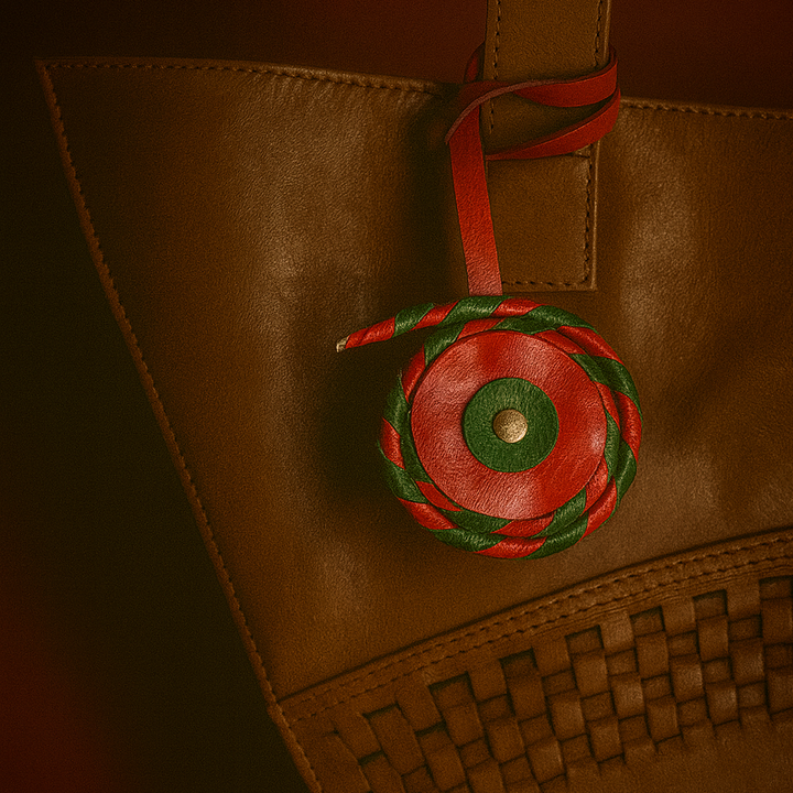 Brown leather bag with woven detail and a red and green braided leather keychain charm