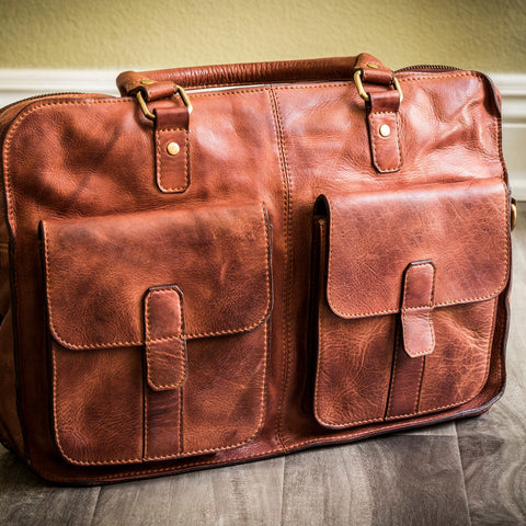 Genuine Washed Leather Laptop Bag with Adjustable Shoulder Strap & Multiple Pockets