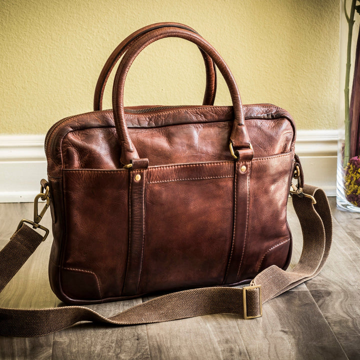 Genuine Washed Leather Shoulder Bag with Adjustable Strap & Laptop Sleeve
