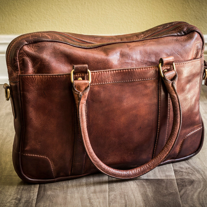 Genuine Washed Leather Shoulder Bag with Adjustable Strap & Laptop Sleeve